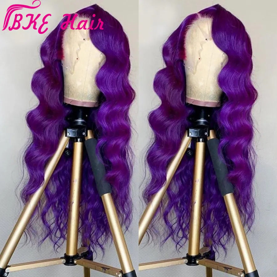 Perruque Lace Frontal Wig synthétique brésilienne violette, Body Wave longue, avec raie latérale, perruque sans colle résistante à la chaleur pour femmes