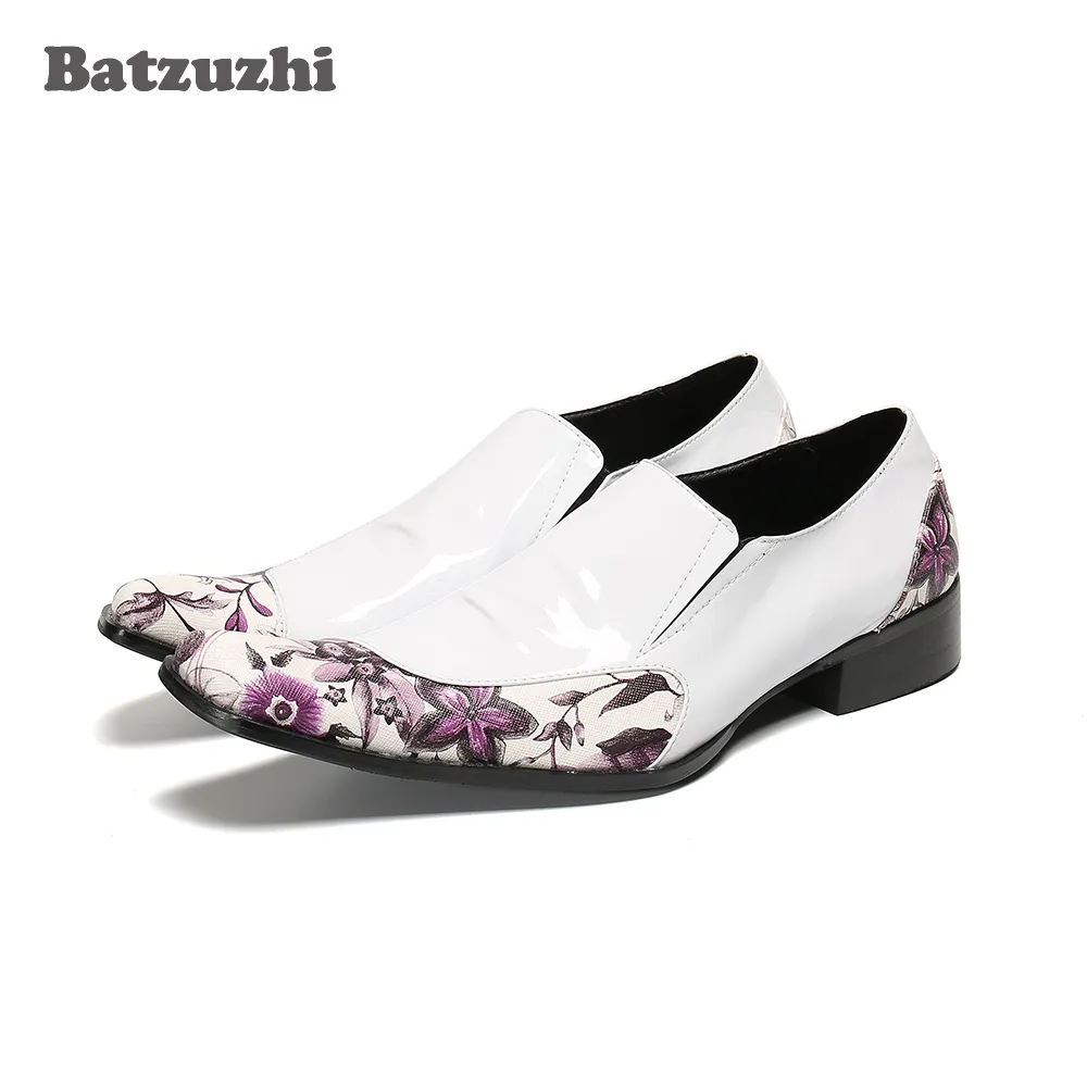 Batzuzhi Scarpe da uomo occidentali Scarpe eleganti in pelle formali Fiori Scarpe eleganti in pelle bianche Chaussures Hommes per la festa di nozze!