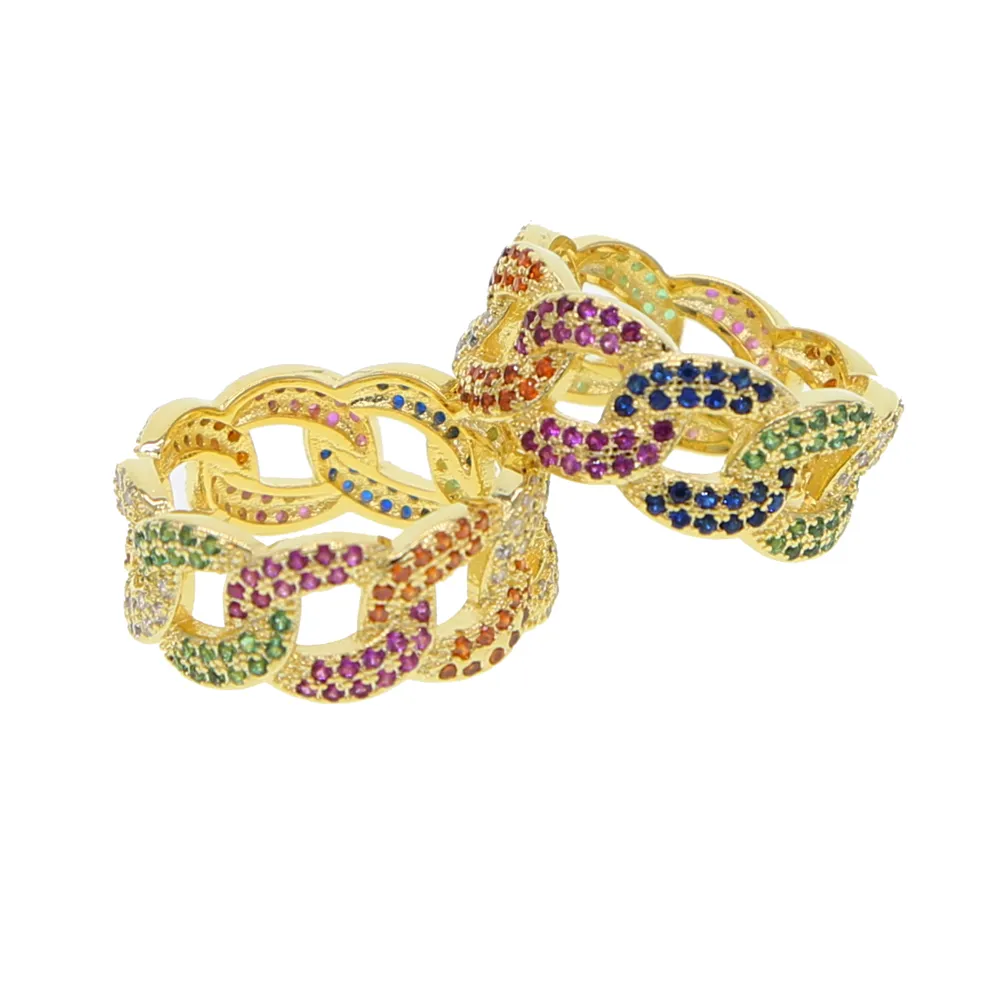 Hip Hop Rock Women Cuban Link Chain Ring Gold Plated Micro Pave Colorful Cubic Zirconia Gorgeous USA Hot Selling Gold Filled Jewelry