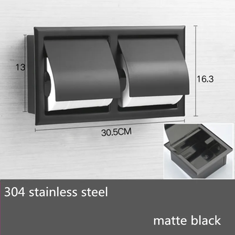 黒い埋め込みトイレティッシュペーパーホルダーすべての金属製造304ステンレス鋼ダブルウォールバスルームロールペーパーボックスT2004252070