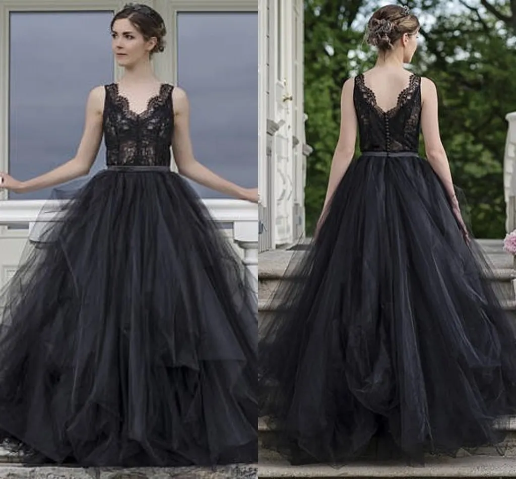 Black A Line Wedding Dresses: Gothic Tulle Bridal Gown, V Neck ...