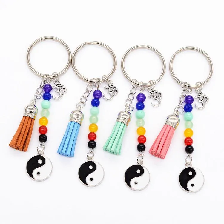 7 чакр Кольца для ключей Natural Energy Stone Tai Chi Сплетни Йога Keychain Женщины Йога Фитнес Key Chain кисточкой Аксессуар на мешки подарка ювелирных изделий