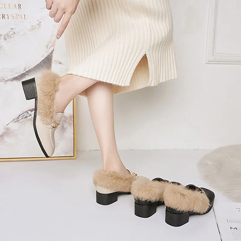 New Women Winter Shoes Middle Heels 3cm Classic Retro Style Design Luxury Office Dress Shoes Red Bottoms Lady Warm Fur Shoes Size 34-40