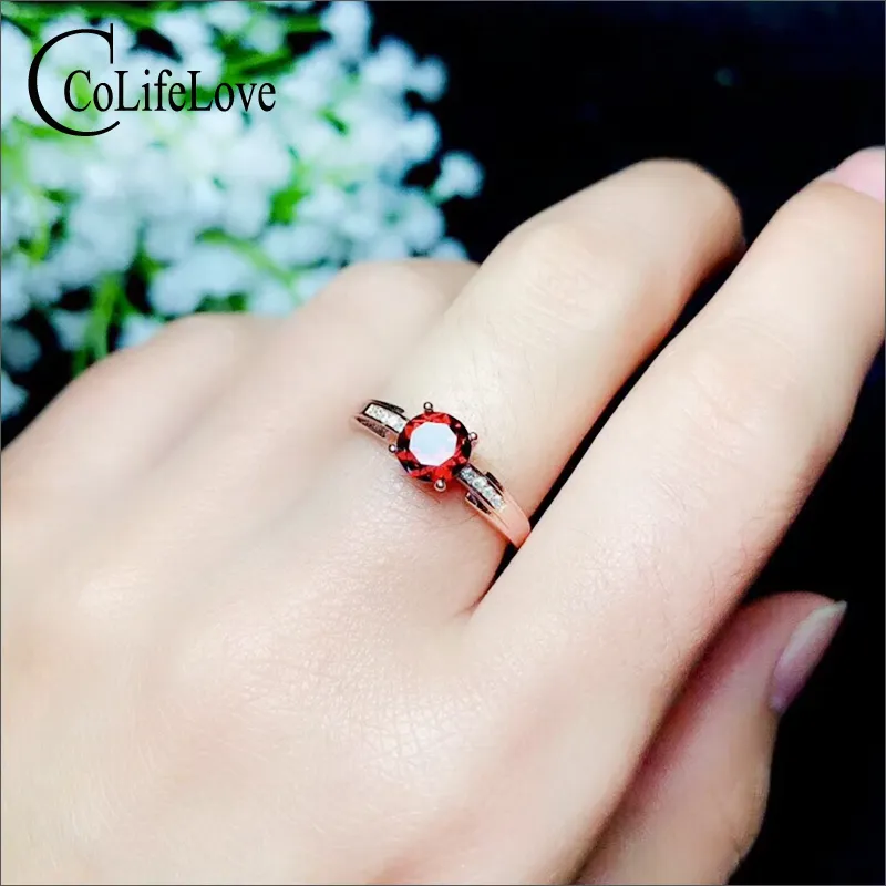 Jóias de colife 925 Anel de noivado de prata Garnet para mulher 6mm Natural Garnet Anel moda de prata jóias livres caixa de jóias