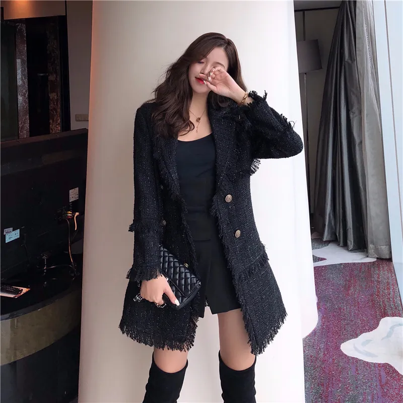 2019 Autumn Tweed Coat Women's Double Breadted Metal Button Long Sleeve Tassel Studct Jacket Wool Blends Blazer Over