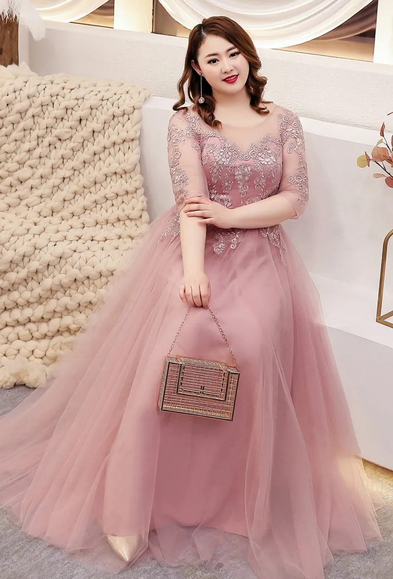 pink bridesmaid dress with sleeves Pink Flutter Sleeves V-neck Lace A-line Long Bridesmaid Dress