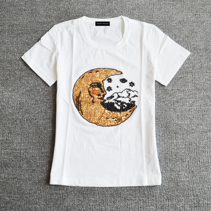 Verão 2019 novo estilo lantejoulas de algodão puro das mulheres bordado com contas de grânulos de manga curta T-shirt