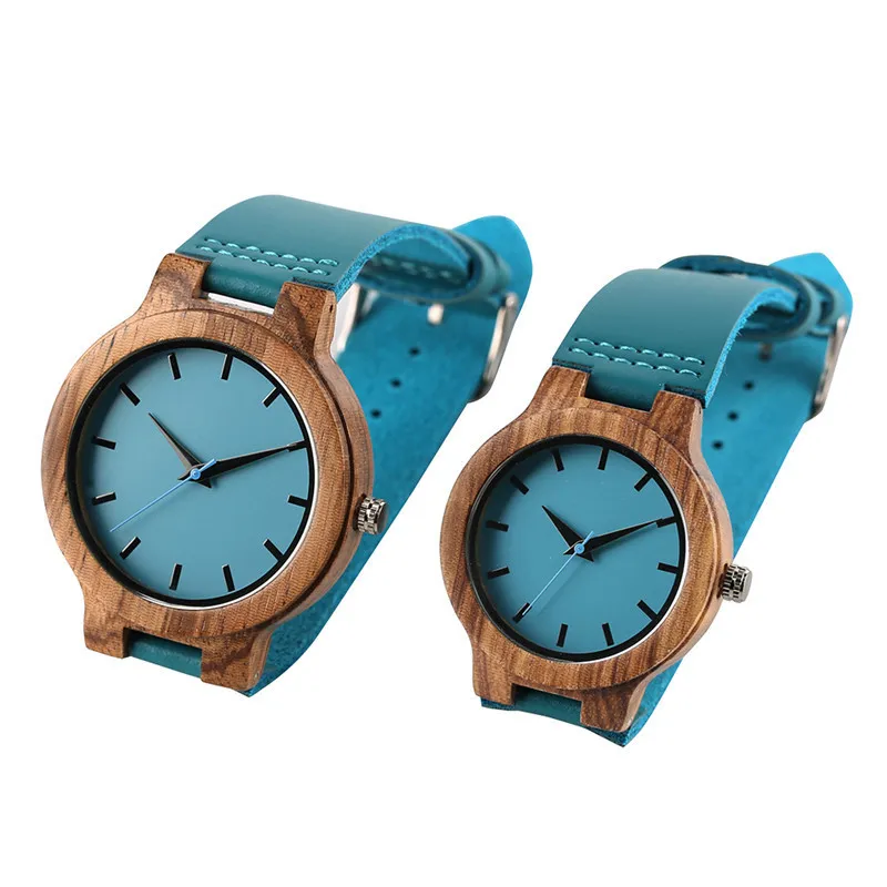 Unique Blue Color Wood Watch Women Wooden Quartz Men's Watches Genuine Leather Band Couples Lover's Timepieces Clock Gifts 2019 Y19051403
