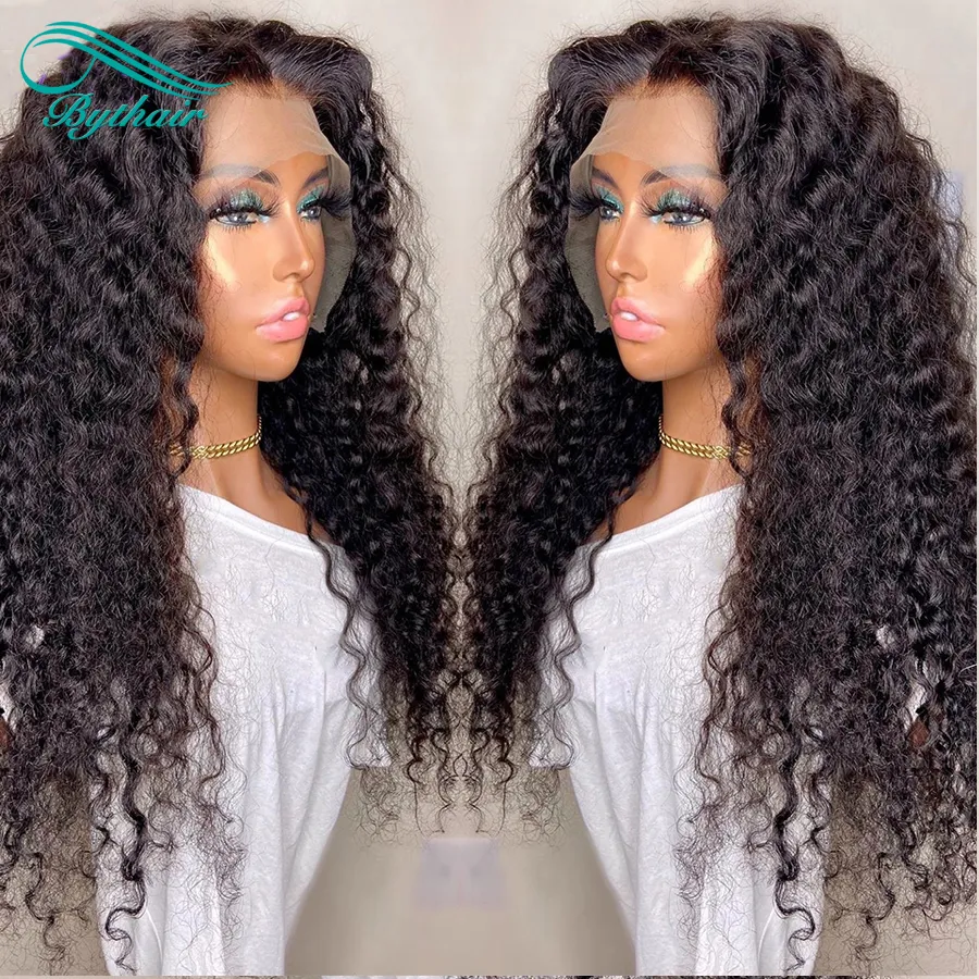 Bythair Deep Curly Lace Front perruques de cheveux humains pré-plumés délié cheveux vierges brésiliens pleine perruque de dentelle avec des cheveux de bébé couleur naturelle