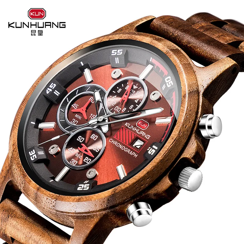 Wooden Men's Watches Casual Fashion Stylish Wooden Chronograph Quartz Watches Sport Outdoor Military Watch Gift for Man LY191258A