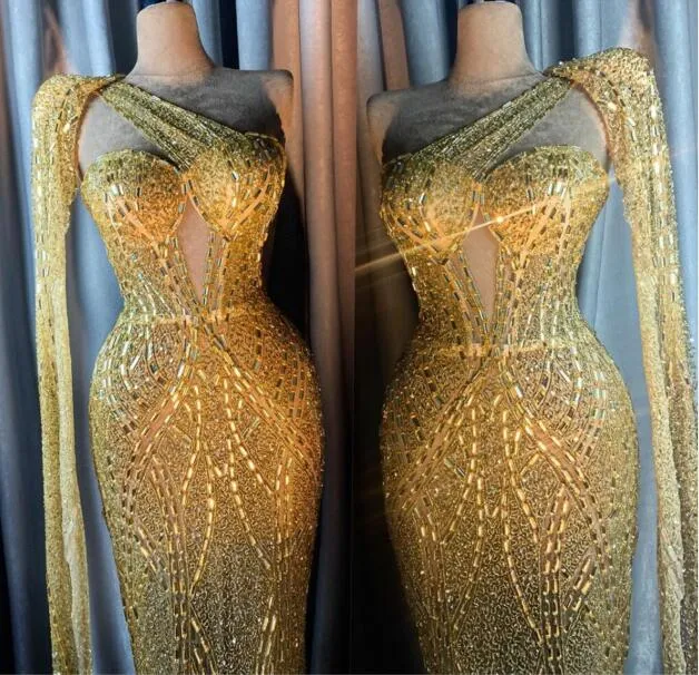 vestido de noite Youself aljasmi Larourjoisie BODYCON Vestidos de um ombro Bainha Tornozelo de comprimento mangas Beading cristal pesado Dividir o manual