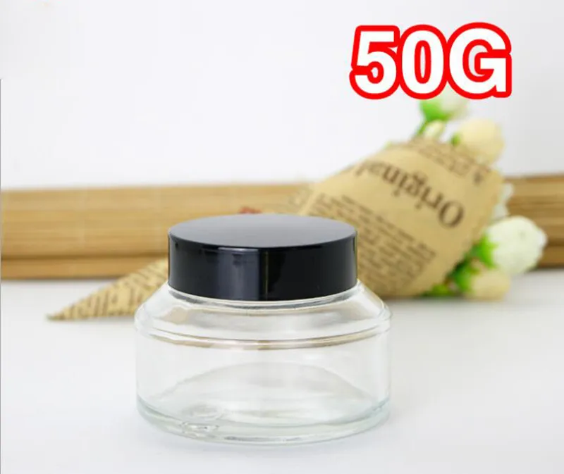 50g Clear Glass Makeup Cosmetic Cream Container Face Cream Jars Foundation Essence Lotion Flaska med svart guldlock