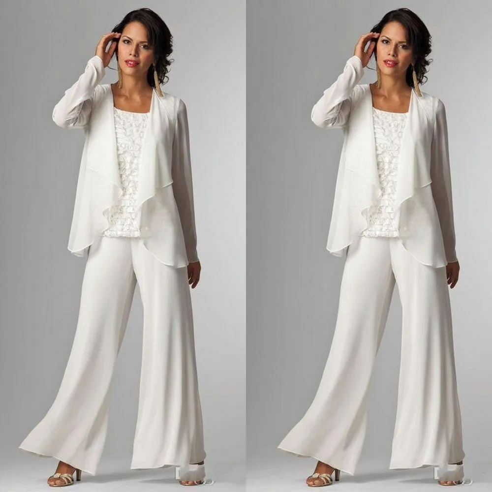 Affordable Three Piece Mother Of Bride Pantsuits With Jacket White Chiffon Lace Jewel Neckline And Long Sleeves Perfect For Wedding Guests And Plus Size Mothers From Haiyan4419 101.66 DHgate.Com