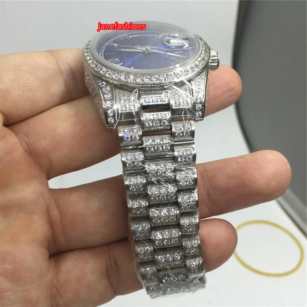 Herrklockor Full Silver Diamond rostfritt stålklocka Hip-Hop Blue Face 36mm dubbel kalender Automatiska klockor2155