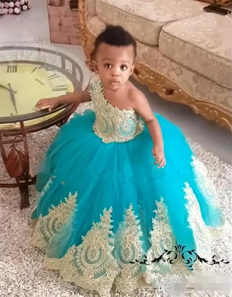 One Shoulder Ball Gown Flower Girls' Dresses Gold Lace Applique Beaded Crystal Floor Length Turquoise Birthday Pageant Party Wear 403