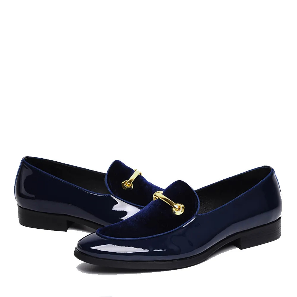 Sipriks Luxury Mens Blue Tuxedo Shoes Patent Leather Black Slip