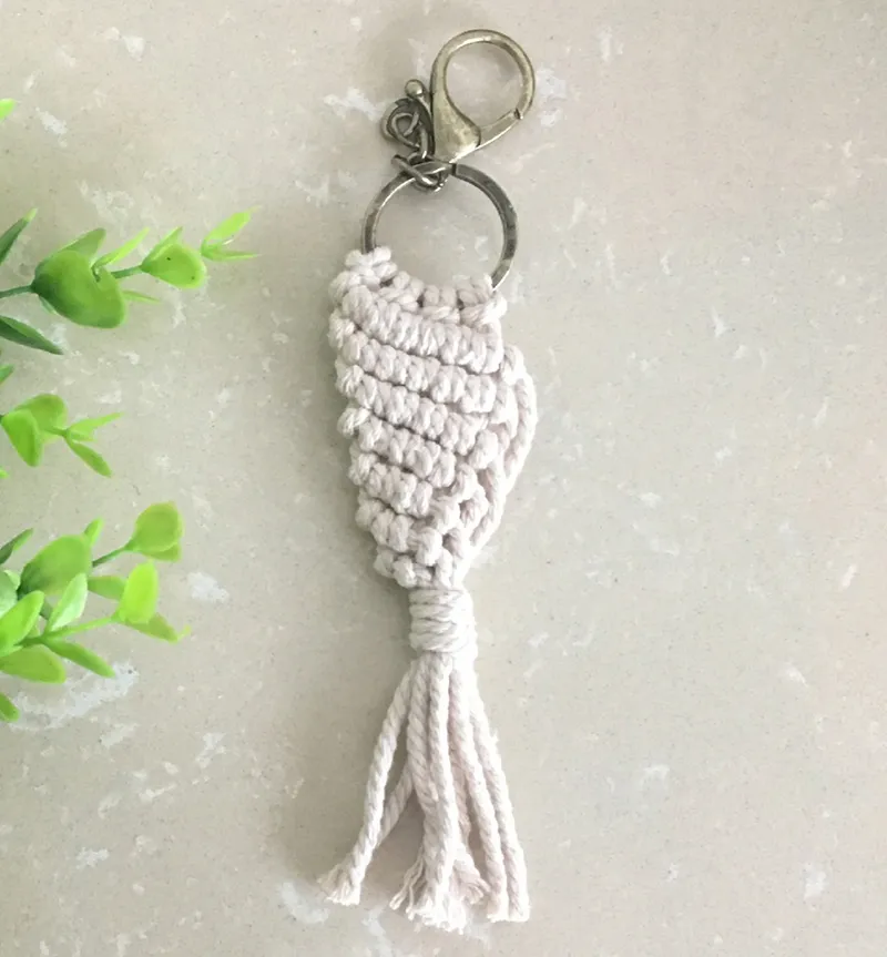 Ivory Keychain Macrame Keychain Ivory White Cotton Rope Braided Round Zinc Alloy 10K ...