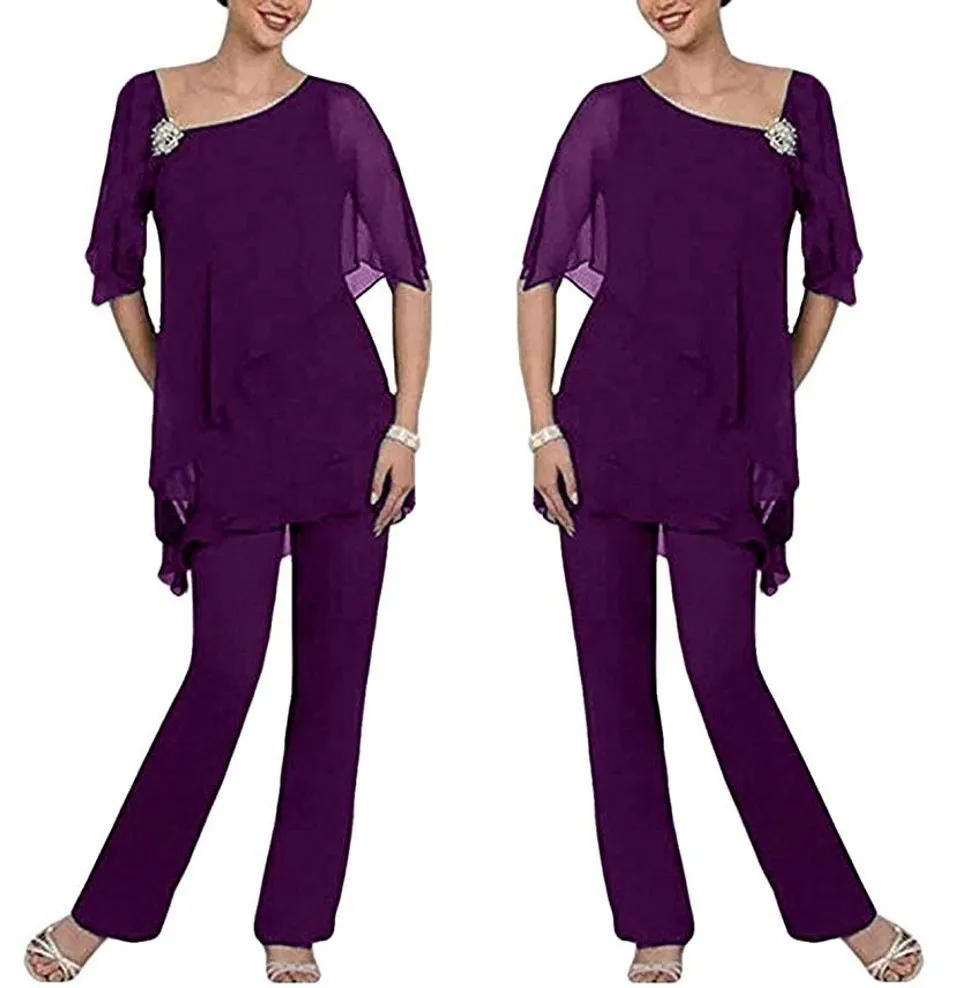 Roxo Two Pieces Mãe da noiva Pant ternos Layered Irregual 1/2 mangas compridas chiffon Mãe Além disso Vestido de Noiva Tamanho Visitante