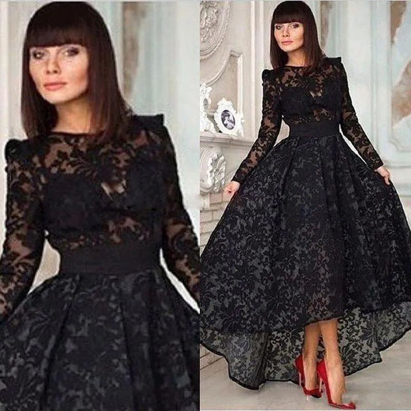 Nowa Vestido Black Long A Line Eleganckie Prom Evening Dress Crew Neck Długim Rękawem Koronki Hi Lo Party Suknia Specjalne okazje Suknia wieczorowa