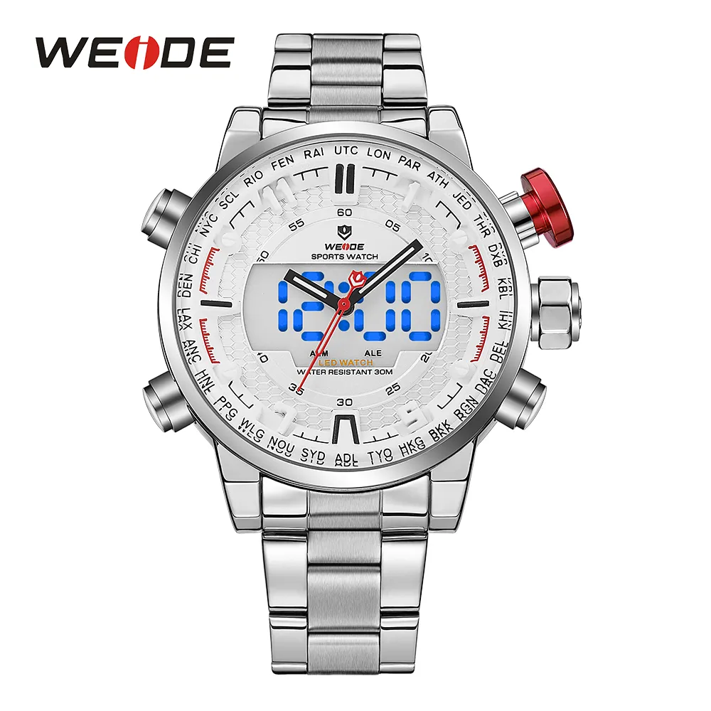 Weide masculino modelo esportivo múltiplas funções negócios data automática semana analógico display led alarme cronômetro pulseira de aço relógio de pulso
