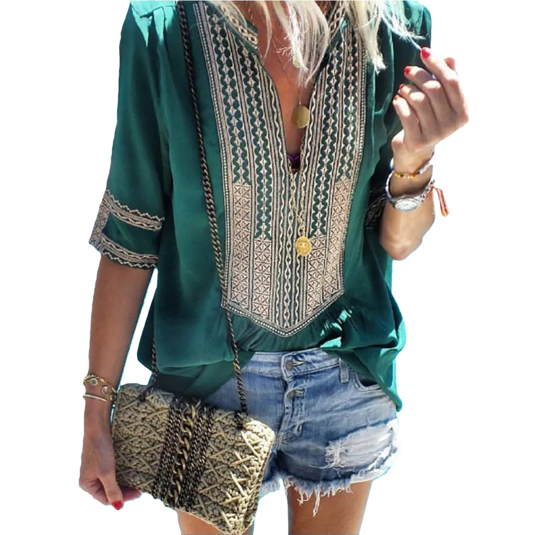 Pus maat tops zomer patchwork vrouwen blouse kant shirt tuniek vrouwelijke katoenen losse dunne blouses boho bedrukte halve mouw blusas