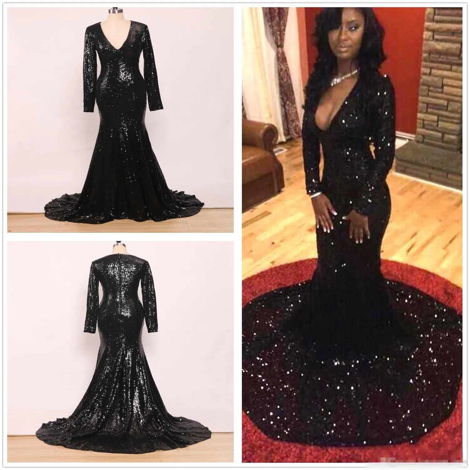Sexy Deep Black 2019 V Neck Prom Dresses Long Sleeves Sparkly Sequins Sweep Train Formal Ocn Wear Party Ball Gowns