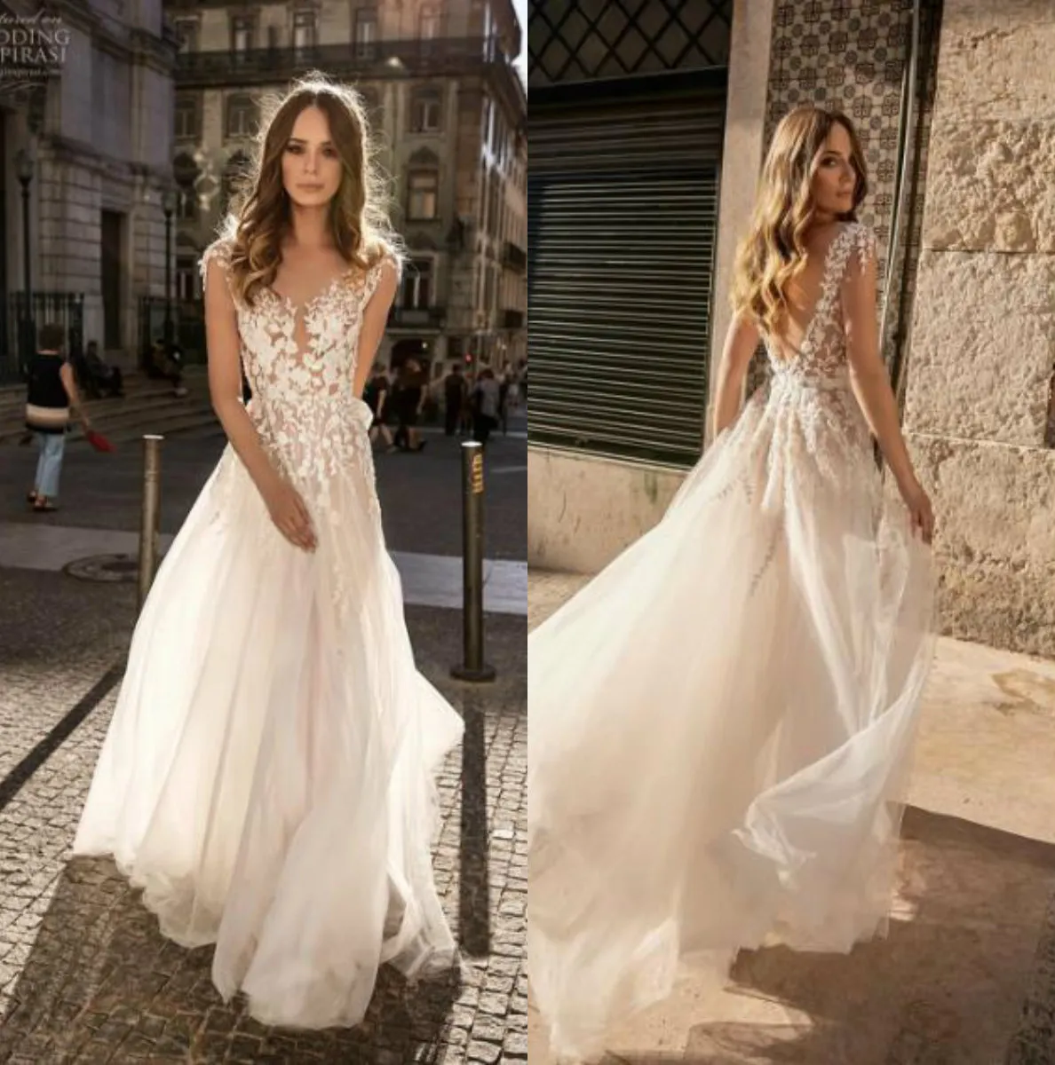 2019 Boho Abiti da sposa Scollo a V Abiti da sposa senza schienale Flusso Gonna in tulle Pizzo abito da sposa Paese Abito da sposa economico