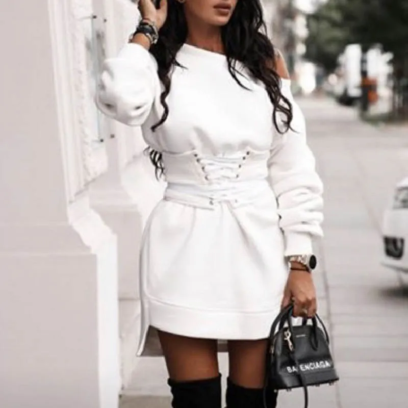 Womens One Shoulder Sweatshirt Dress Winter Long Sleeve Mini Dress with  Lace-Up Bandage and Sashes from Dhgate Basic & Casual Dresses - price 26.48
