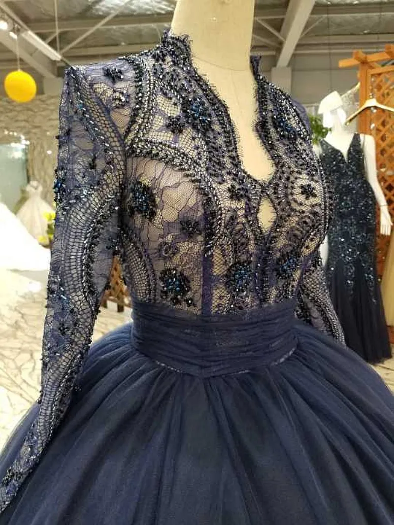 Navy Blue Lace V-Neck dark Blue prom dresses with Beaded Details and Full Sleeves Navy Blue Lace V-Neck dark Blue prom dresses with Beaded Details and Full Sleeves