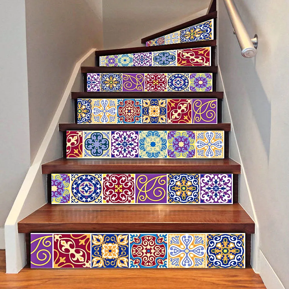 DIY Tile Dekaler Mexikanskt Traditionellt trappa Klistermärken Avtagbar Vattentät Bakgrund Heminredning 7,1 x 39,4 tums 6pcs