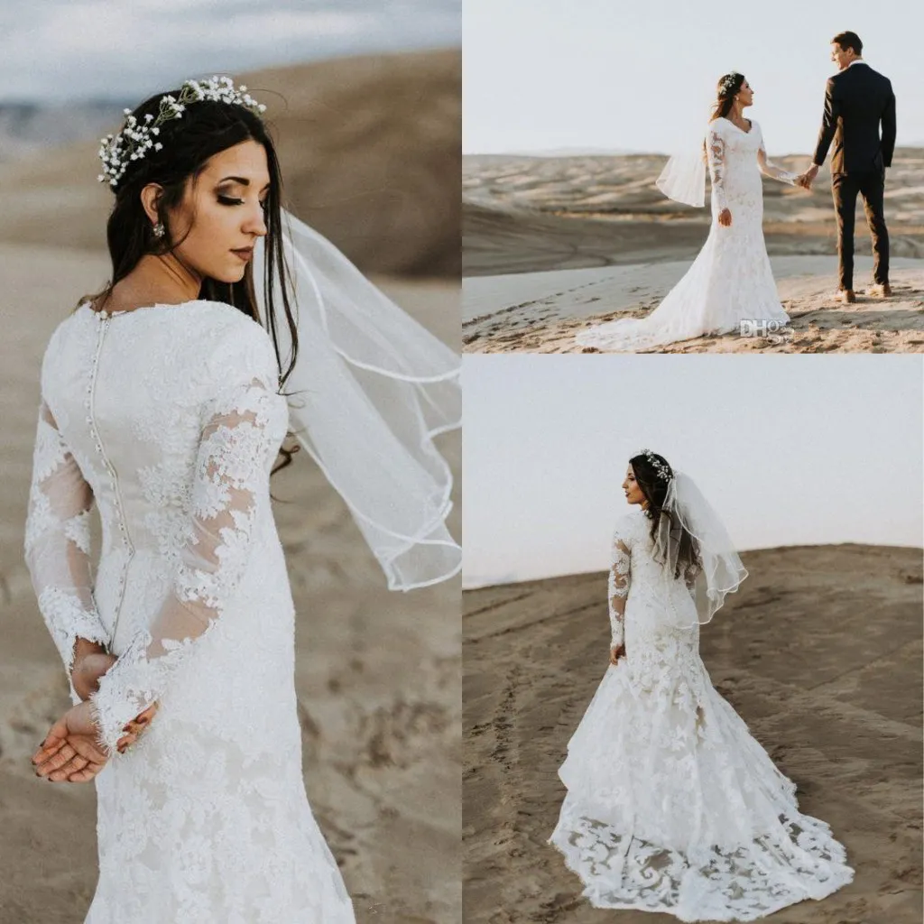 Elegante sirena de encaje Vestidos de novia de playa modestos Mangas largas Cuello en V Vintage Country Boho Vestidos de novia con botones Volver batas de mariee