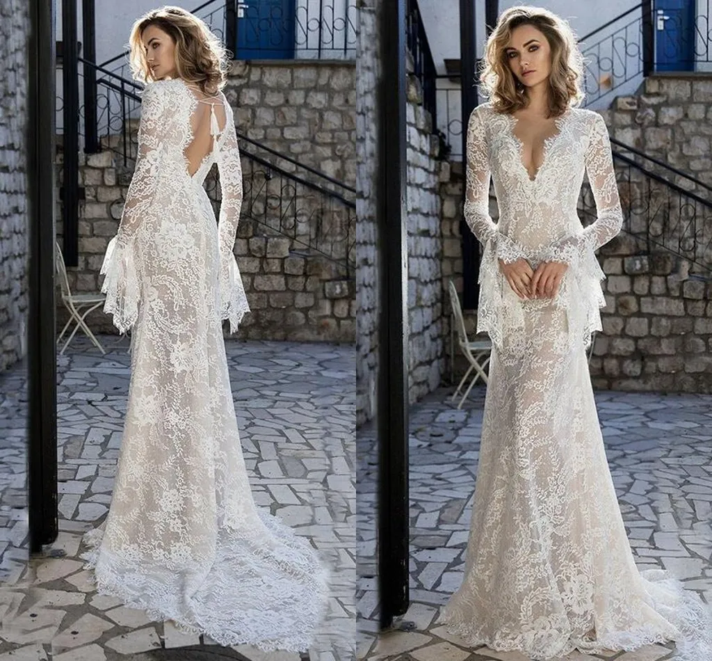 Boho Juliet Długi rękaw Berta Suknie ślubne Głębokie V-Neck Romantic Lace Beach Suknia Ślubna Bridal Suknie Wiejskie Sukienka ślubna