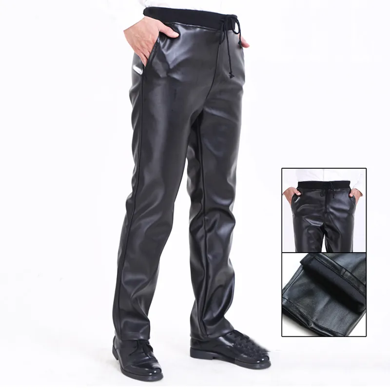 Pantalon en cuir pour hommes, mi-pantalon, avec poches, décontracté, droit, bande élastique, régulier, Long, S-5XL