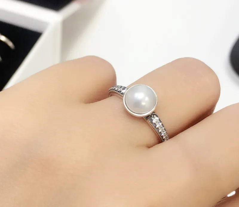 Оптово Природный жемчуг Обручальное кольцо Первоначально коробка комплект для Pandora стерлингового серебра 925 CZ Алмазные элегантные кольца