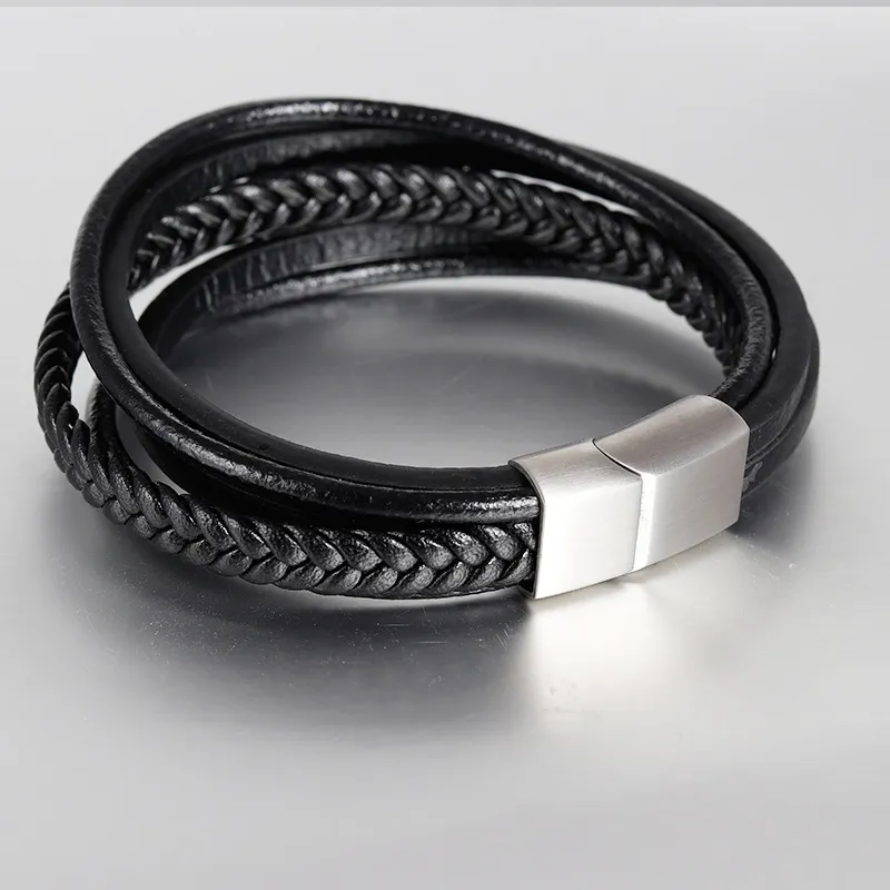 2019 klassieke lederen armband voor mannen multilayer zwart bruin geweven touw polsband roestvrij stalen sluiting jongens cool sieraden bulk