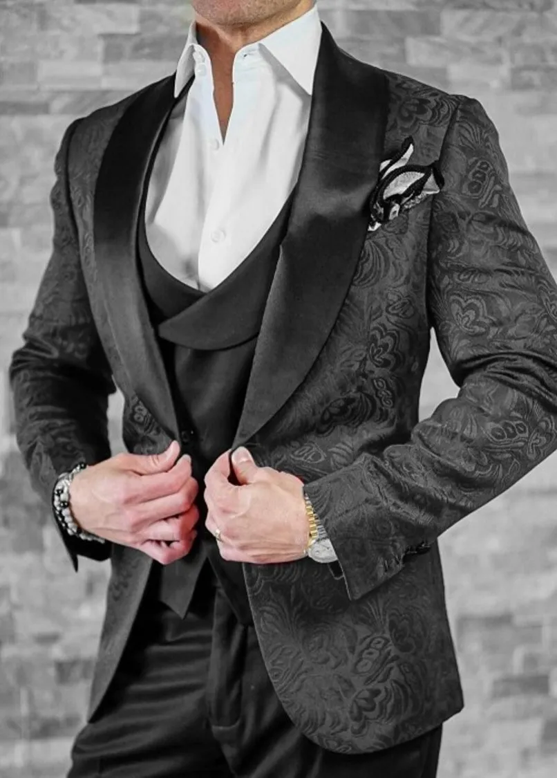 Сшитое Мужские костюмы Black Pattern Groom Tuxedos шаль атласные отворотом Groomsmen Свадьба Best Man (куртка Жених + брюки + жилет + галстук) L410