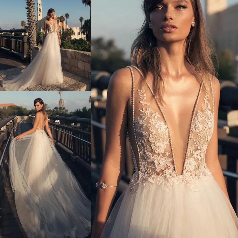 Boho Country Abiti da sposa Sexy Deep V Front and Back Beaded Pizzo Appliqued Tulle Abiti da sposa lunghi su misura