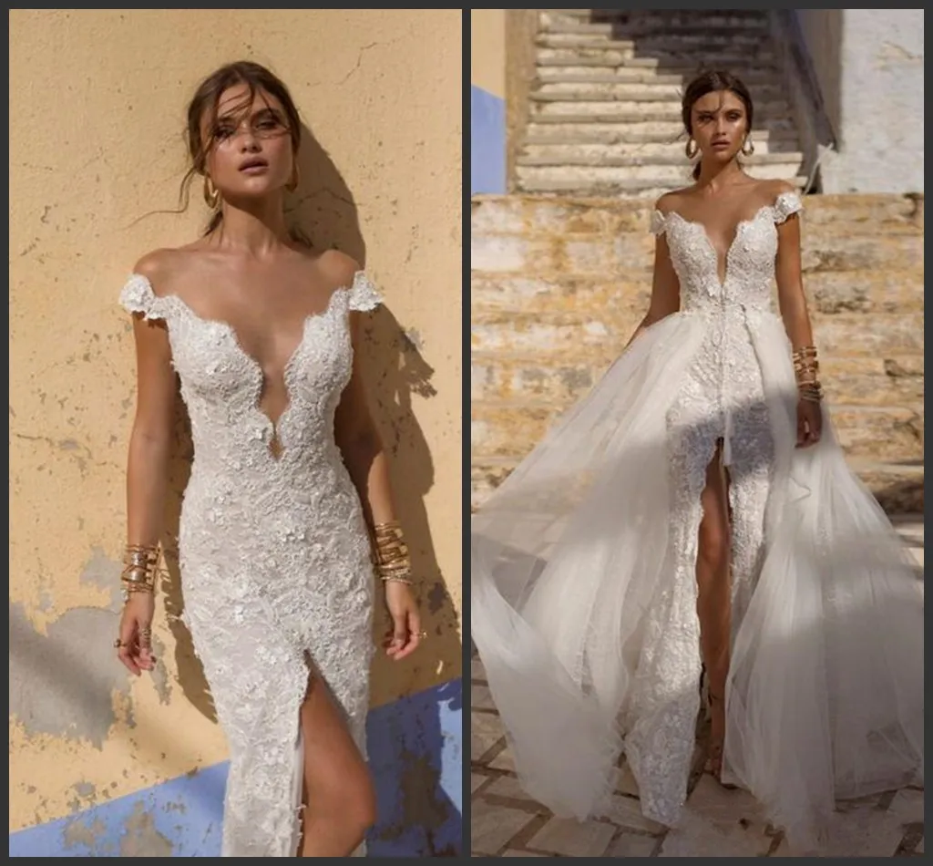 2019 nova lian rokman vestidos de casamento decote em v sereia sexy nupcial vestidos de casamento coxa fenda backless beach lace vestido de noiva