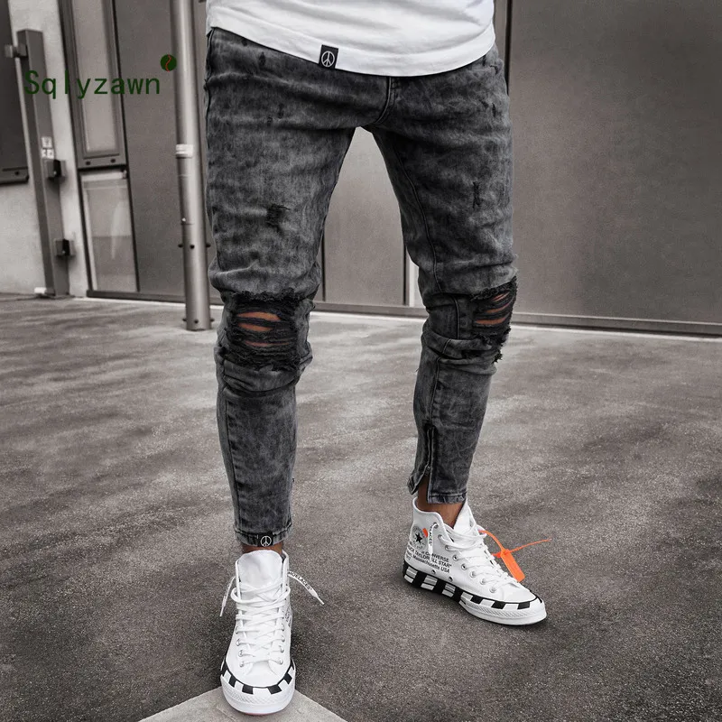 Männer Jeans mit niedriger Taille, Skinny Slim, zerrissen, Distressed, Plissee, Knieloch, Denim-Hosen, 2019 Sommer, Schwarz, Stretch-Bein, Reißverschluss, Bleistift-Jeans