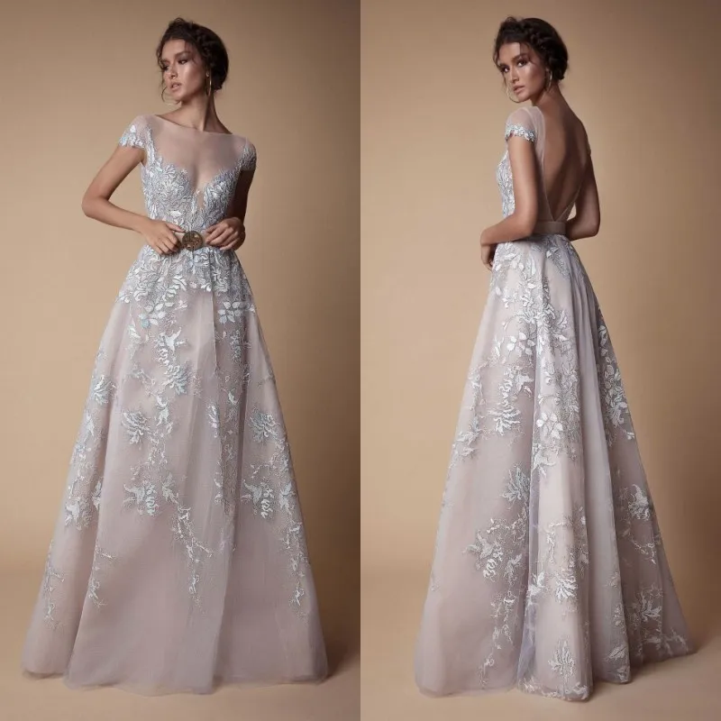 2019 Berta Vestidos de baile tampados manga curta sexy sem costas rendas apliques formais vestidos de noite até o chão vestido de festa linha