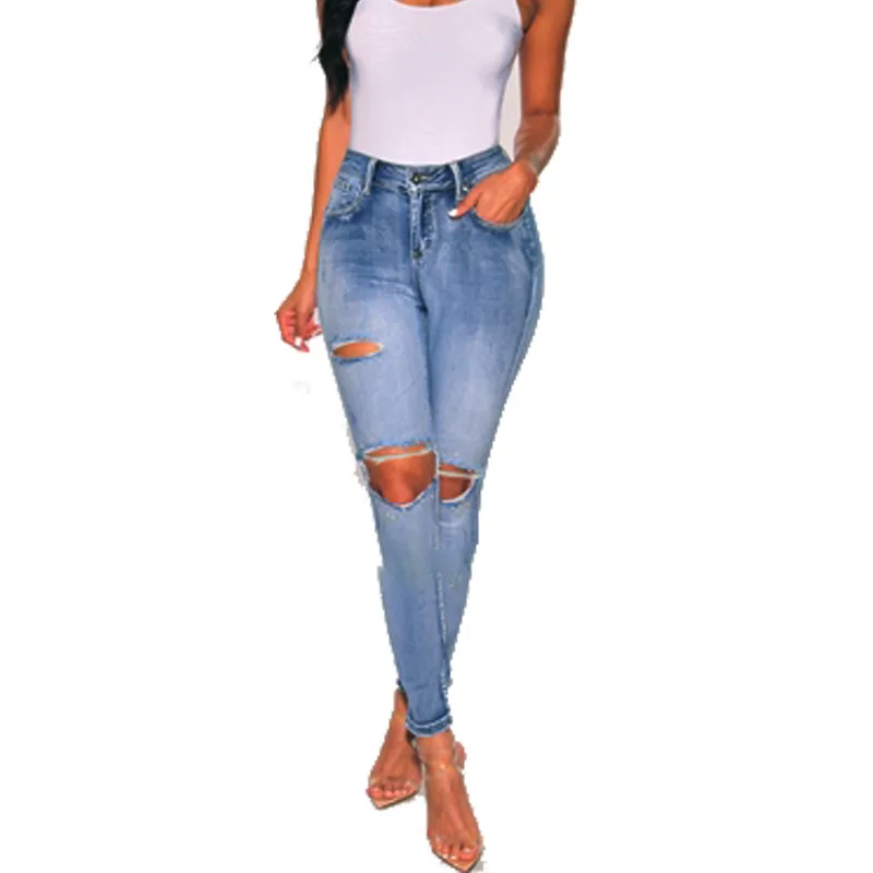 Women s Jeans Women Skinny High Street Style Sexy Ripped Skin Tight Fashion Blue Pencil Denim Pants Asian Size