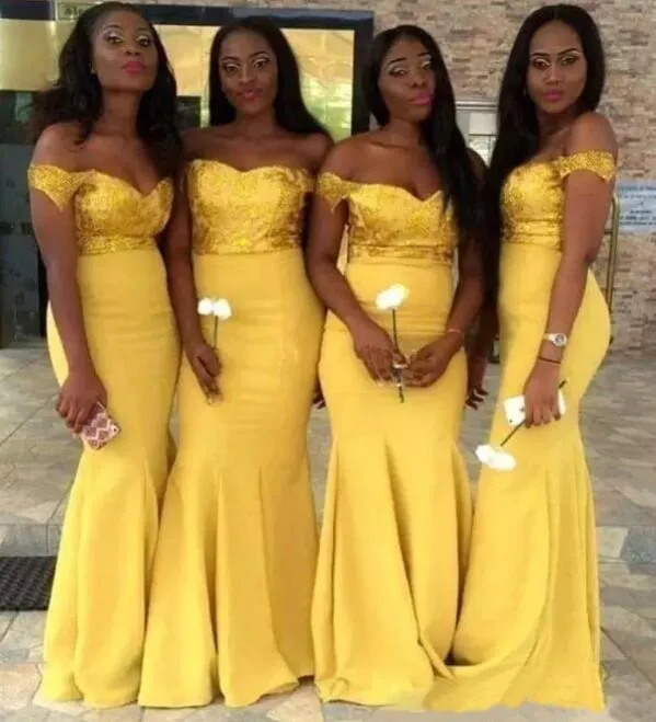 2020 New African Yellow Günstige Meerjungfrau Brautjungfernkleider Schulterfrei Pailletten Satin Hochzeit Party Kleider Formelle Kleider Trauzeugin Kleid