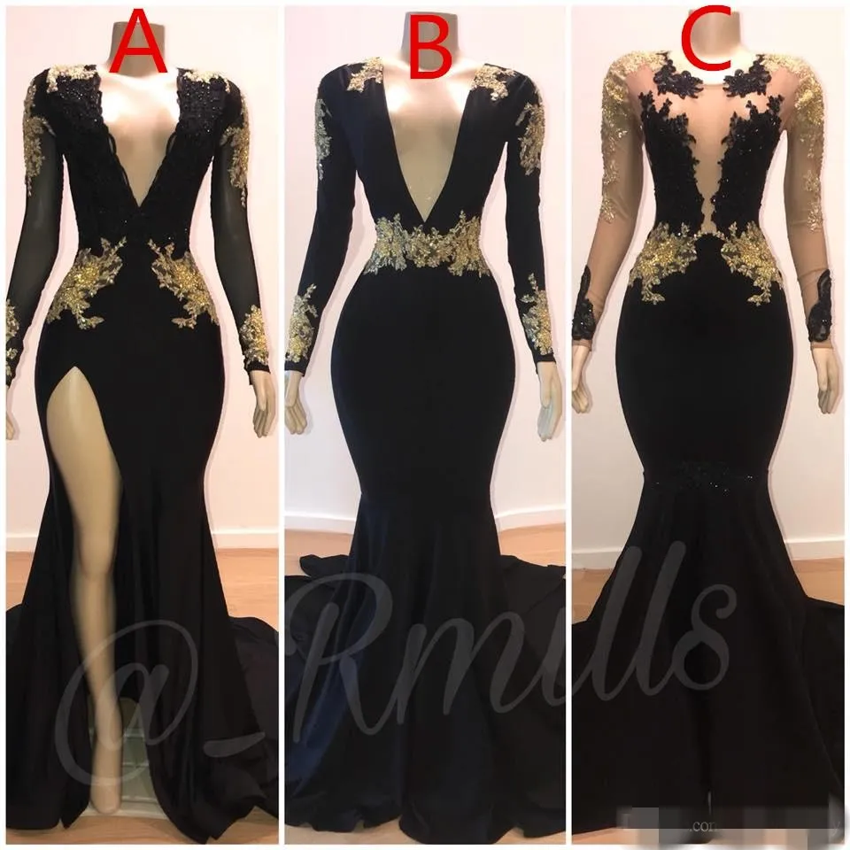 Seksowne boczne szczeliny Czarne Prom Dresses Mermaid V Neck Gold Lace Aplikacja Plunging Plus Size Custom Made Długie Rękawy Formalne wieczorowe suknie wieczorowe