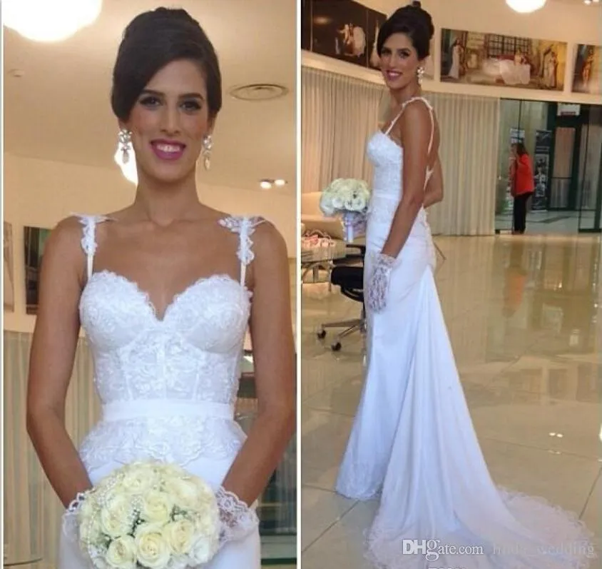 2019 Nya romantiska spaghetti remsor Baklösa brudklänningar Sweetheart Lace Appliques Long Garden Formell Bridal Gown Plus Storlek Anpassad