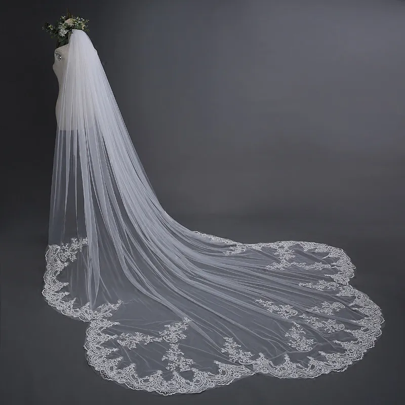 3 Meter Ivory Cathedral Wedding Veil with Comb Long Lace Edge Bridal Veil High Quality Wedding Accessories Real Pictures2871