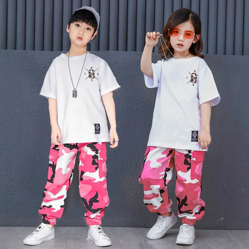 Roze camouflage ballroom hiphop dance kleding kinderen jazz hiphop straat dans kostuum t-shirt broek pak voor kinderen jongens meisjes