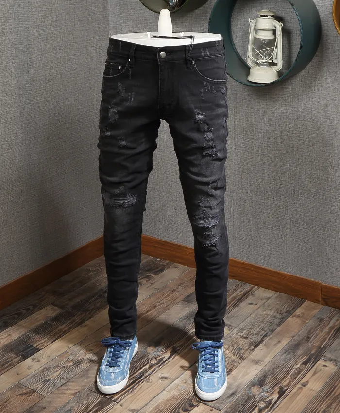 Black Stretch Slim Fit Denim Black Slim Fit Jeans With Man Worn Out