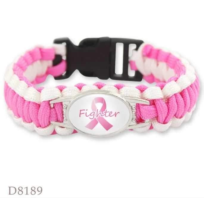 Новый 7 стилей Розовый Breast Cancer Fighter Хоуп Лента Awareness Paracord браслеты Синий Желтый Черный Открытый кемпинга