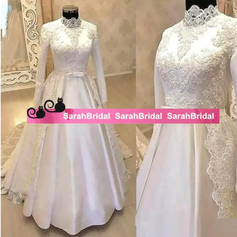 2019 Abiti da sposa a maniche lunghe con collo alto musulmano Cintura con fiocco Appliques Pizzo Raso Una linea Abiti da sposa Abito da sposa Custom Made Plus Size