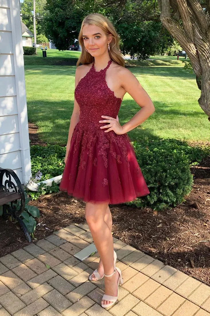 Dark Red Homecoming Jurken Halter Backless Short Applicaties Tule Mini Meisjes Prom Dress Cocktail Party Jurken Plus Size